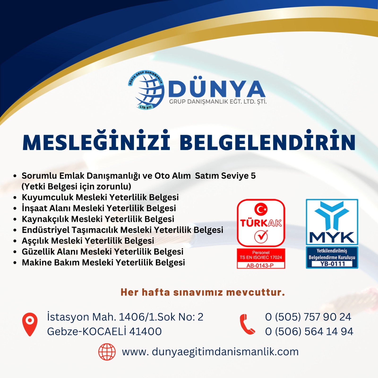 Bütün Meslek Alanlarında Mesleki Yeterlilik hizmeti.Her hafta sınav Mevcuttur