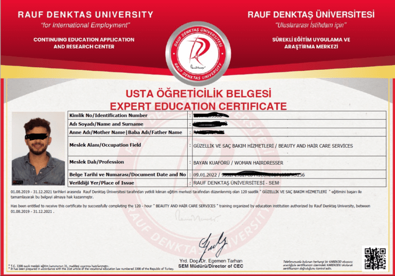 Rauf Denktaş Üniversitesi Usta Öğretici belgesi